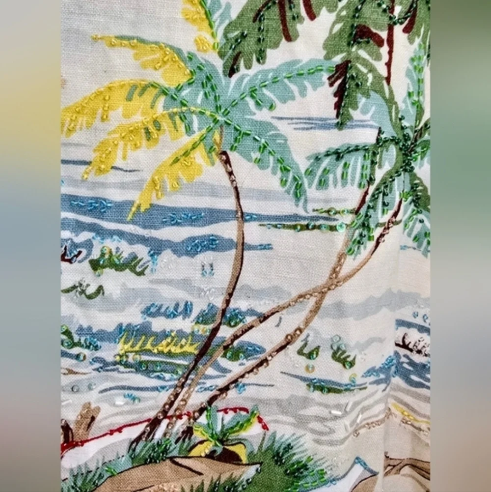 J. CREW Vintage Beach Scene Postcard Print Collectible Ecru Linen Skirt S RARE - Picture 5 of 12